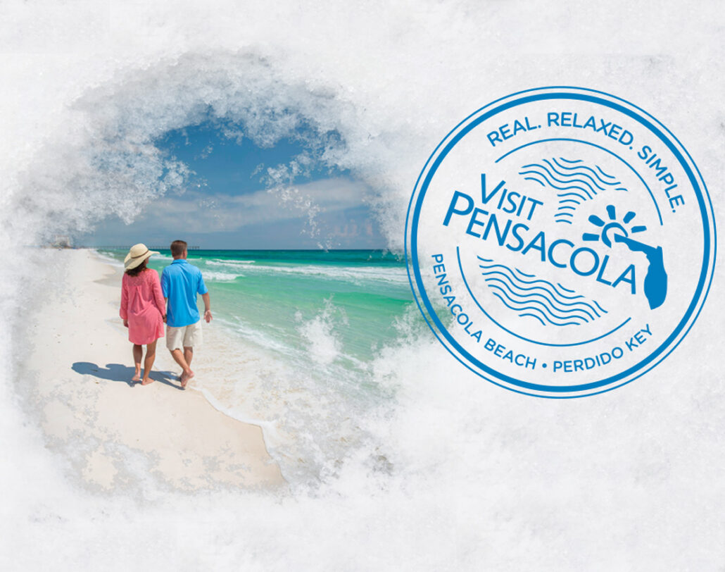 Graphic for Visit Pensacola with an image of a could walking down the beach holding hands.