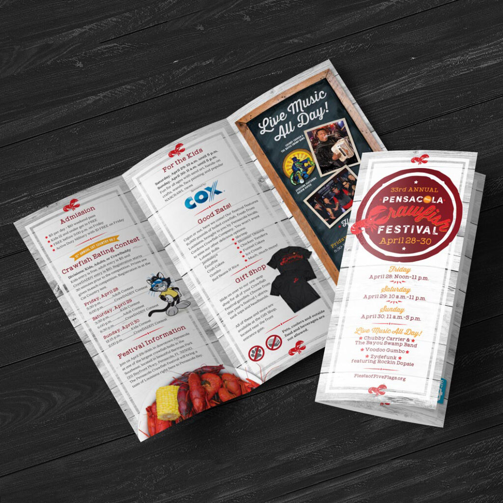 Mock up of a tri-fold brochure for the Pensacola Crawfish Festival.