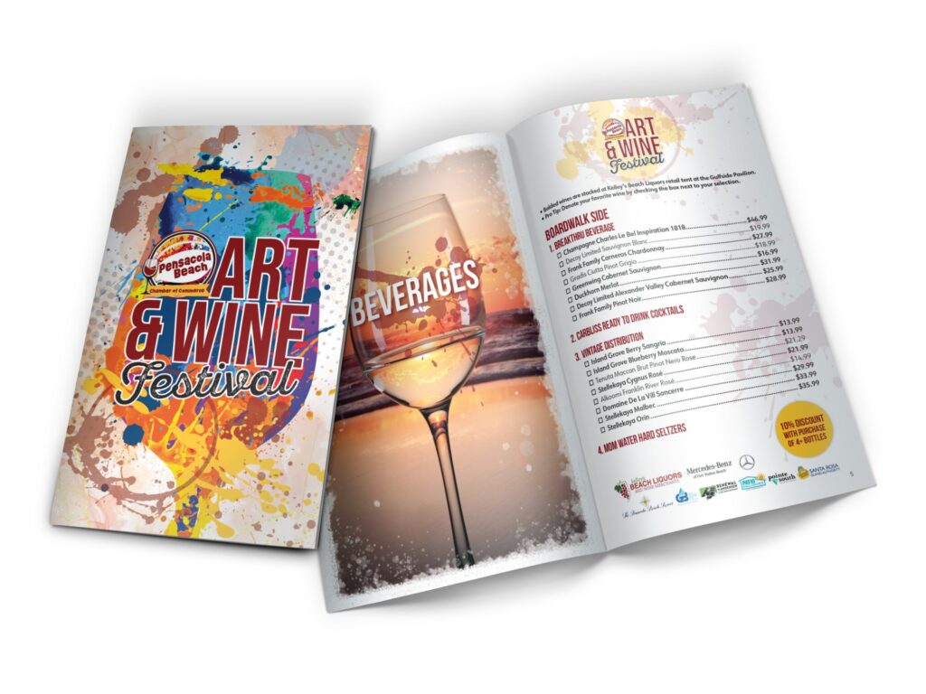 Mockup of the cover and interior of the 2026 Pensacola Beach Art and Wine Festival Brochure