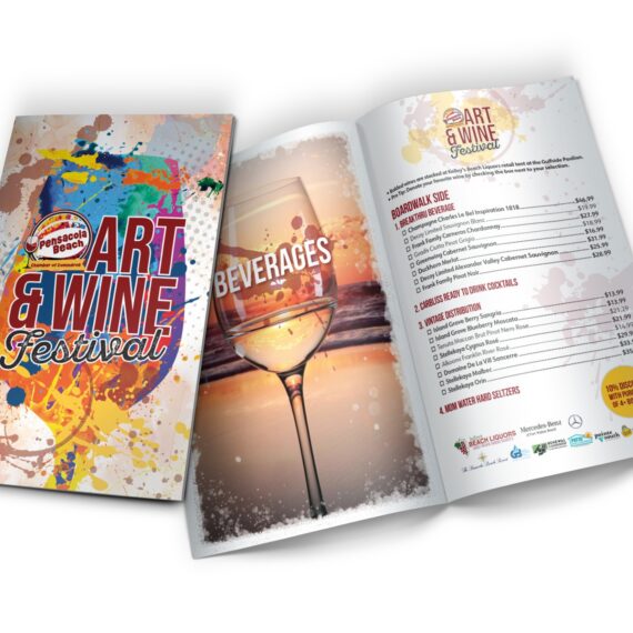 Mockup of the cover and interior of the 2026 Pensacola Beach Art and Wine Festival Brochure