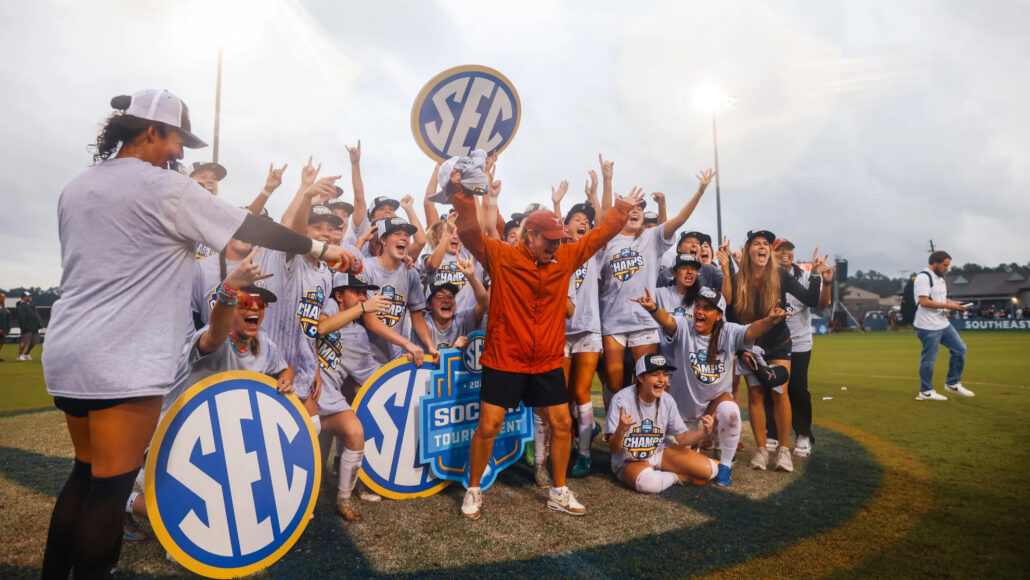 SEC women's soccer championship team celebrating.