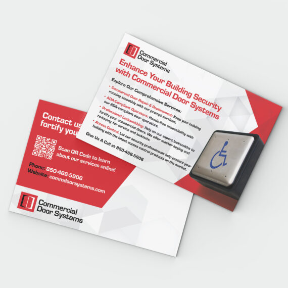 Mock up of the front and back of a mailer for Commercial Door Systems