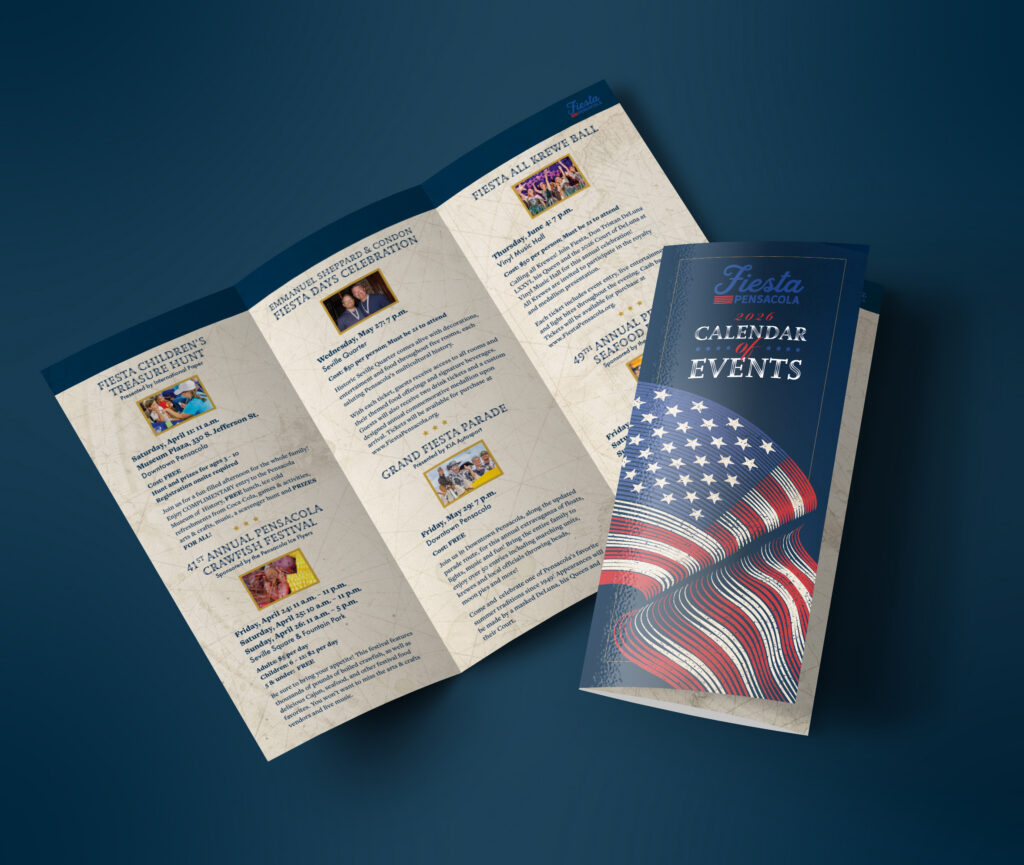 A mock up of a tri-fold brochure for the 2026 Calendar of Events for Fiesta Pensacola