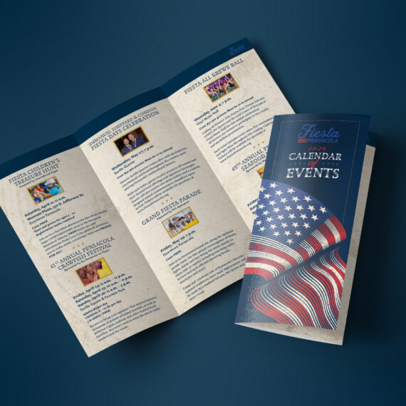 A mock up of a tri-fold brochure for the 2026 Calendar of Events for Fiesta Pensacola
