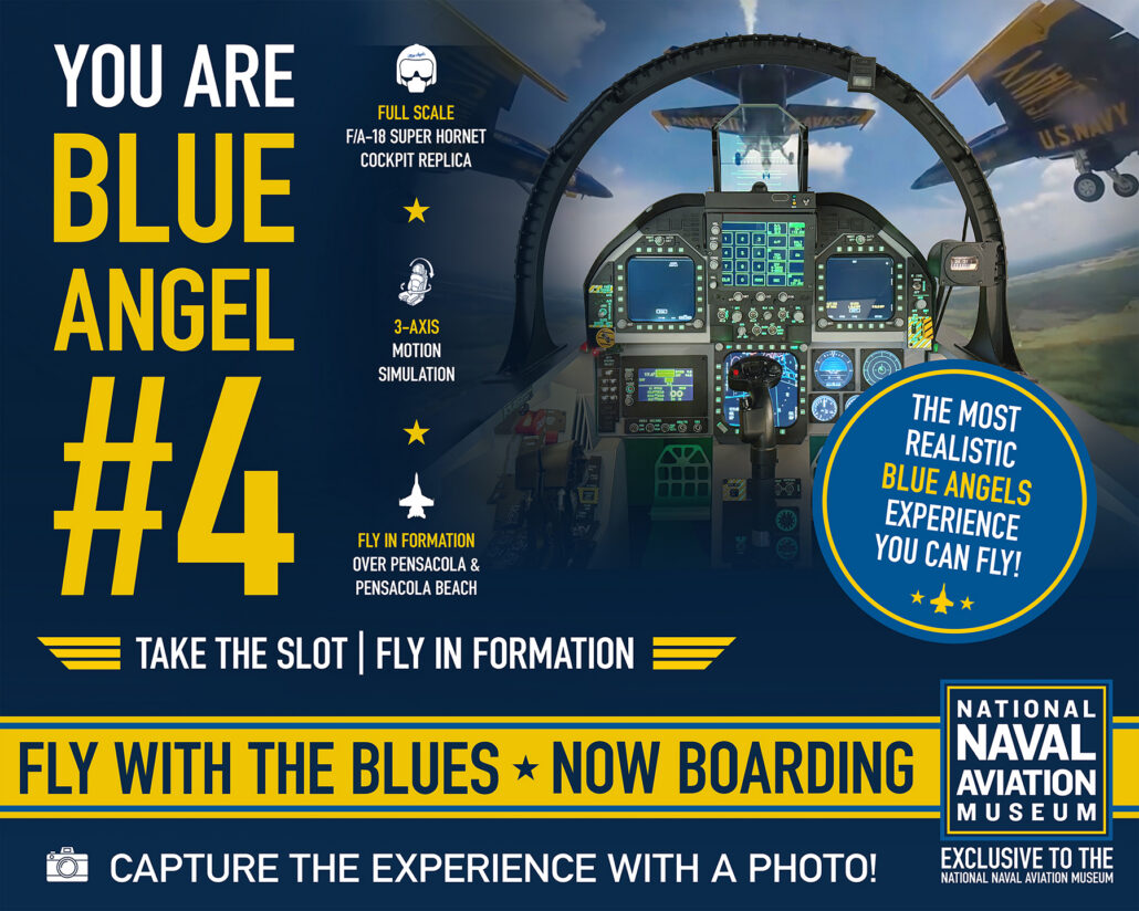 Poster advertising the new Fly with the Blues experience at the National Naval Aviation Museum.
