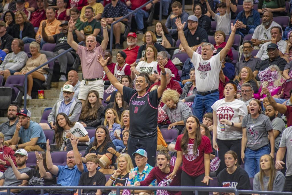 Crowd cheering at a basketball game a the 2026 Sun Belt Championships in Pensacola, Florida.