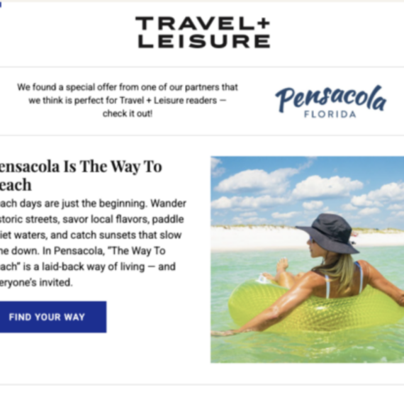 The heading of an email from Travel + Leisure talking about Pensacola