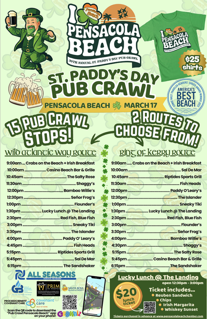 39th Annual St. Paddy's Day Pub Crawl poster with schedule and participating businesses listed