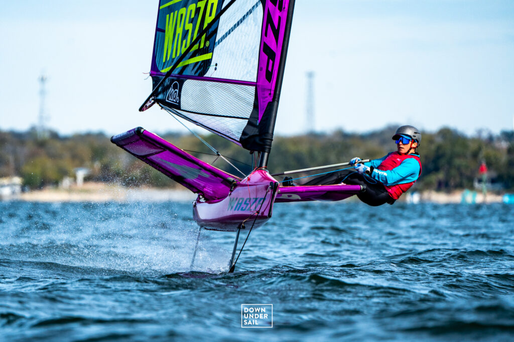 Person sailing a WASZP boat on Pensacola BAy 