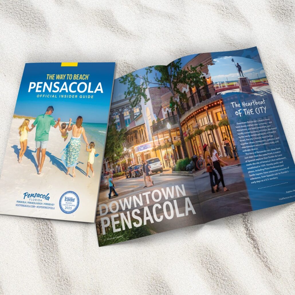 Mock-up of the front and interior pages of the 2026 Pensacola Insider Guide