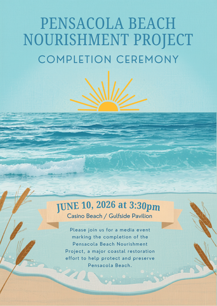 illustrated poster of a beach scene promoting the Pensacola Beach Nourishment Project completion ceremony
