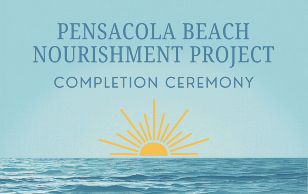 Ocean waves with an illustraion of a yellow sun with text about the Pensacola Beach Renourishment Project above it.