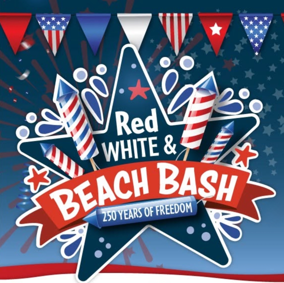 Patriotic red, white, and blue banners in the backgroun, with a blue star in the middle with fireworks graphics promoting the Pensacola Beach Red, White, and Beach Bash.