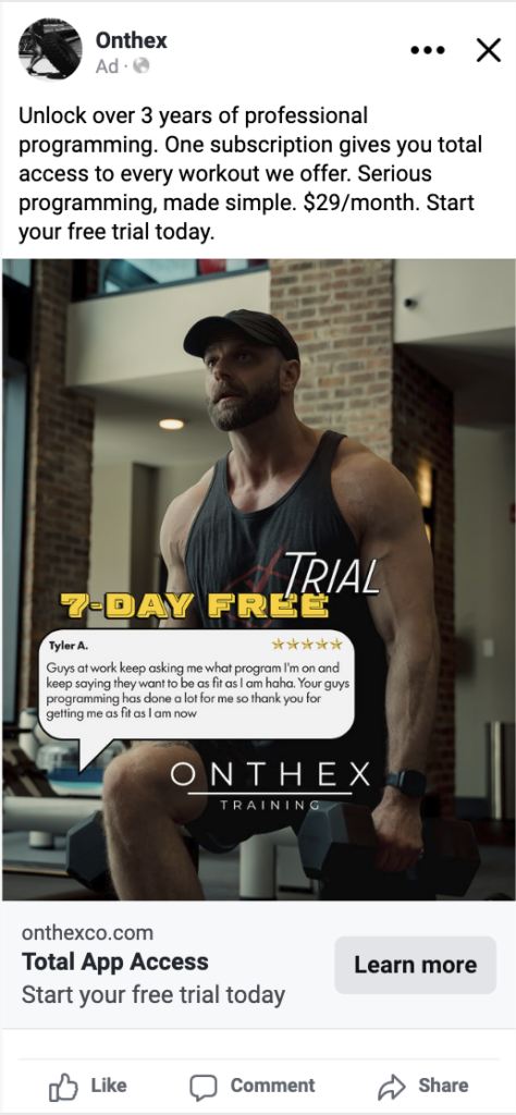 Screenshot of a Meta ad from ONTHEX with a man in a black hat and black shirt doing a lunge with weights.