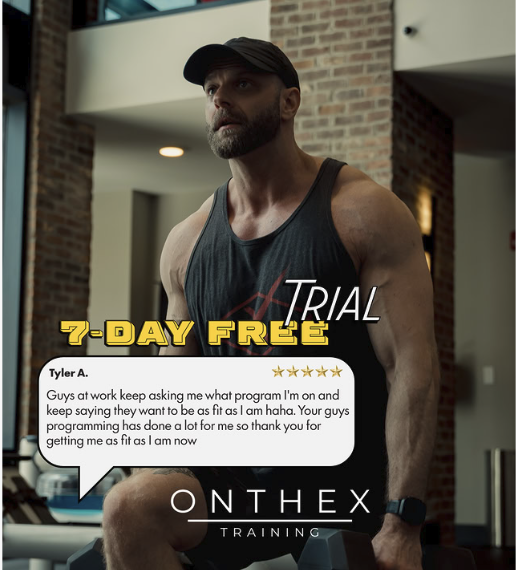 Screenshot of a Meta ad from ONTHEX with a man in a black hat and black shirt doing a lunge with weights.