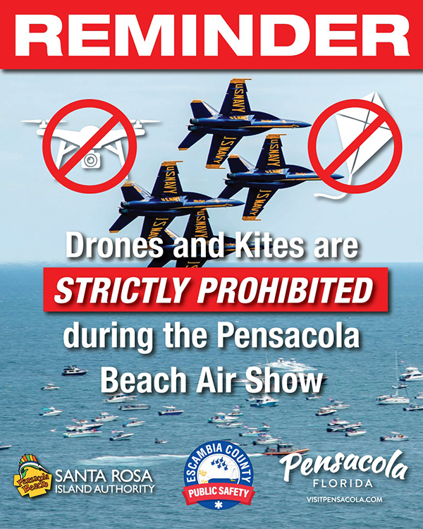 Blue Angels planes in the sky with graphics of drones and kits with red marks over them to indicate that there are no drones or kites allowed during the Pensacola Beach Air Show.